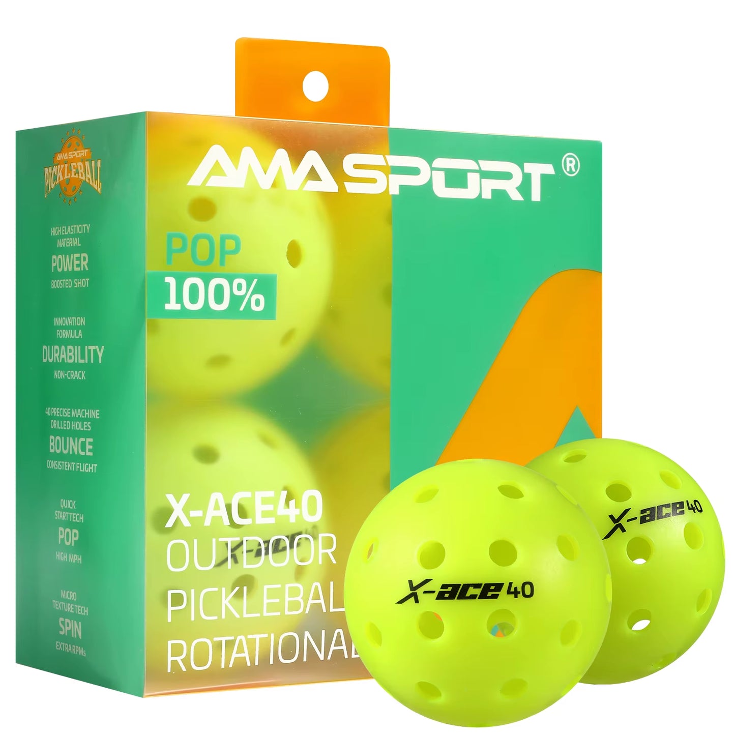 AMA Sport X-ACE Pickleballs 40 Hole Durable Outdoor Pickleball Balls Crack Resistant ONE Piece Balls 100% Pop-Optic Yellow