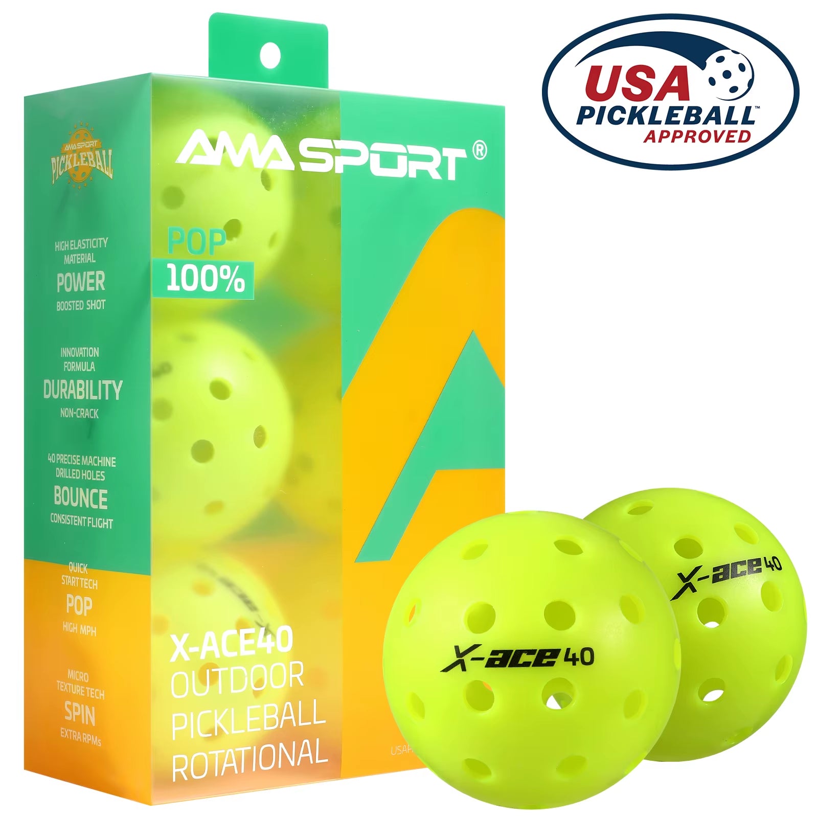 AMA Sport X-ACE Pickleballs 40 Hole Durable Outdoor Pickleball Balls Crack Resistant ONE Piece Balls 100% Pop-Optic Yellow
