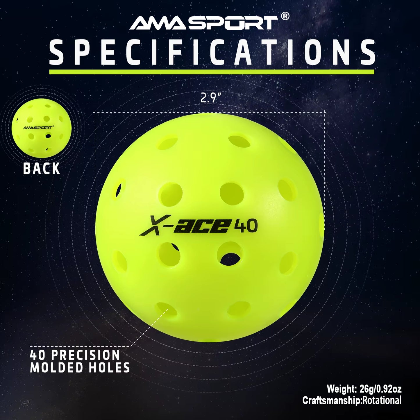 AMA Sport X-ACE Pickleballs 40 Hole Durable Outdoor Pickleball Balls Crack Resistant ONE Piece Balls 100% Pop-Optic Yellow