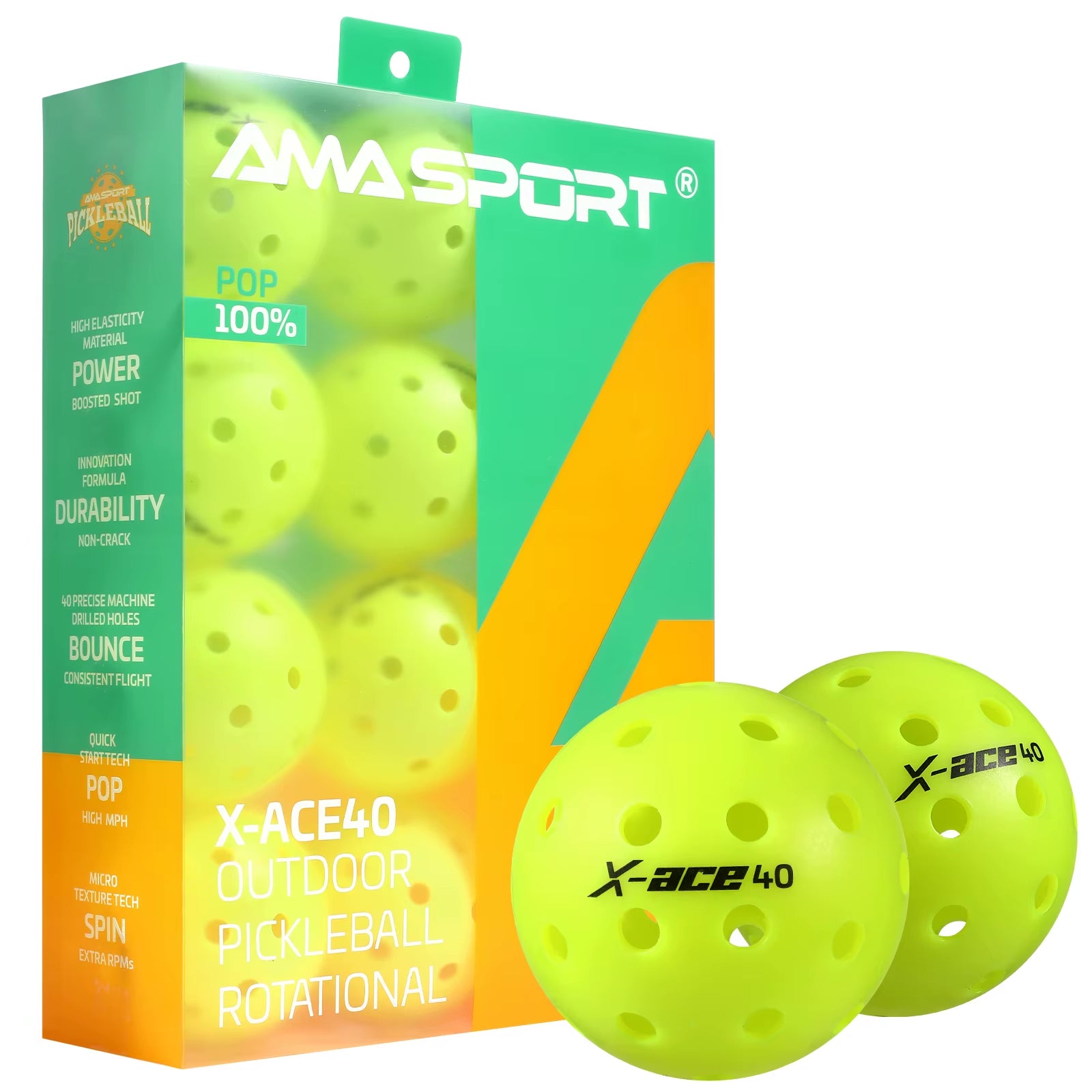 AMA Sport X-ACE Pickleballs 40 Hole Durable Outdoor Pickleball Balls Crack Resistant ONE Piece Balls 100% Pop-Optic Yellow