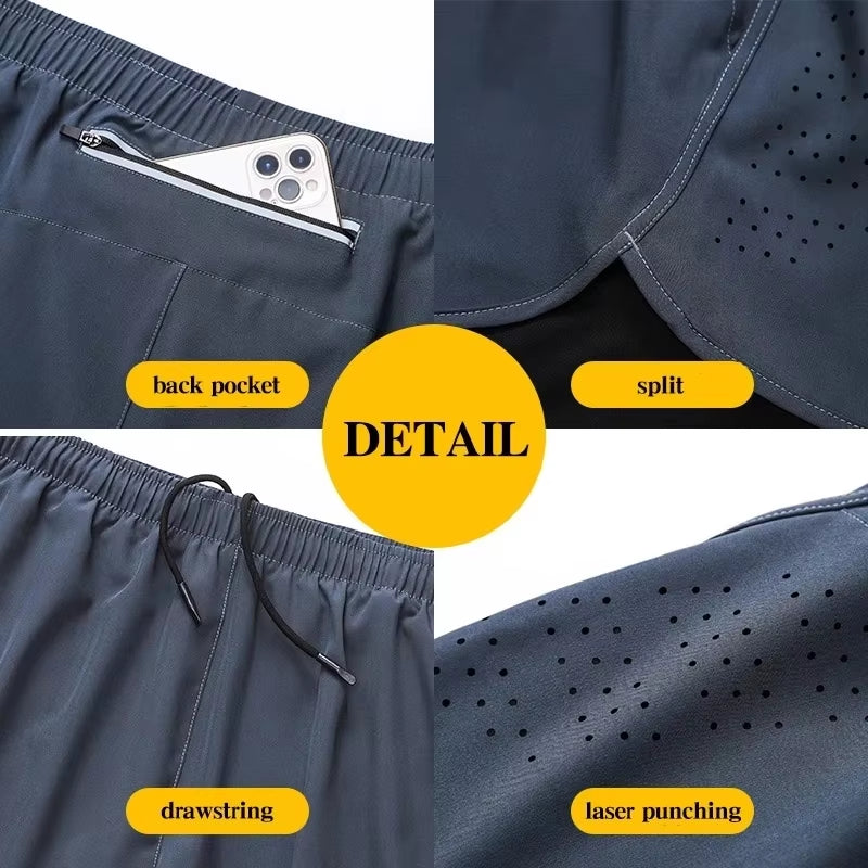 Men'S Shorts 2 in 1 Fitness Training Gym Sports Short Pants Quick Dry Built-In Pocket Double-Deck Beach Bottom Summer Shorts Men