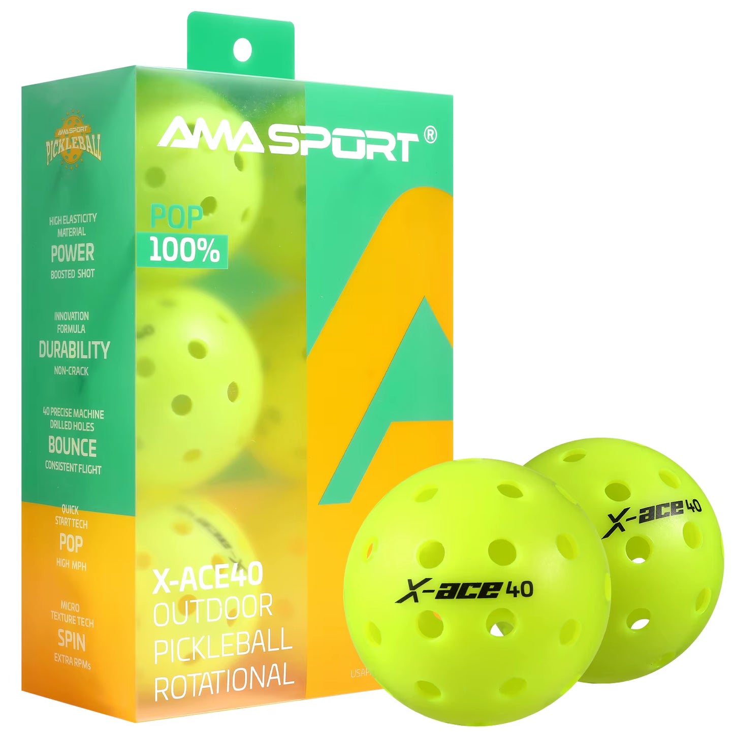 AMA Sport X-ACE Pickleballs 40 Hole Durable Outdoor Pickleball Balls Crack Resistant ONE Piece Balls 100% Pop-Optic Yellow